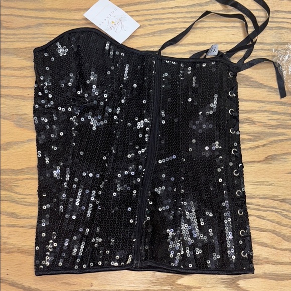 Daisy Corset Black Sequin Bustier Top – Strapless Sweetheart Neckline - Picture 5 of 10